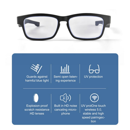 Glasses, Wireless V5.0 Smart Glasses with Integrated Microphone for Talking, Watching TV, Listening to Music, Stereo Sound, Music Glasses with Open Sound and Eye Protection