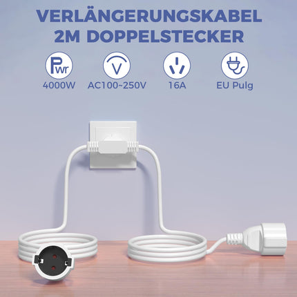 BrightArk pikenduskaabel topeltpistik 2M+2M, topeltpistik pistikupesale 2-in-1, topeltpistik pistikupesale IP20, 250V, 16A, 4000W kaitsekontaktiga pikenduskaabel kodukontorisse ja kööki