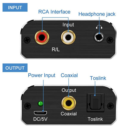 AMANKA analoog-digitaalaudi muundur optilise kaabliga - analoog-digitaalmuundur RCA Cinch + 3,5 mm audiopesa Toslink/SPDIF koaksiaalaudioadapterile teleri, DVD, Blu-Ray, PS3, XBOX jaoks - alumiinium