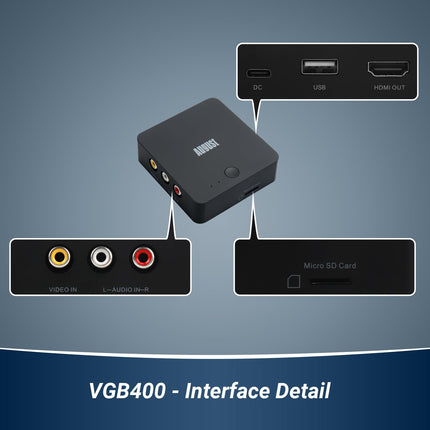 Videoheli haaraja ilma arvuti Plug&amp;Play-ta - August VGB400 - VHS Hi8 kassettkaamerate digitaliseerimise muundur, RCA-kaabliga videomuundur - väljund HDMI kaudu, salvestamine Micro SD/USB-le, max 64 GB