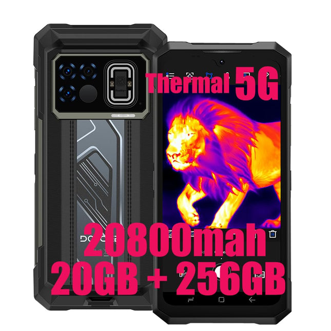 DOOGEE Fire 6 Max 5G termokaameraga nutitelefon, lukustamata, 6,72" FHD+ kaheksatuumaline, 20 GB + 256 GB, 20800 mAh/33 W, vastupidav, 50 MP + 20 MP infrapuna + 16 MP, NFC/sõrmejälje/Simlock-vabad telefonid (must)
