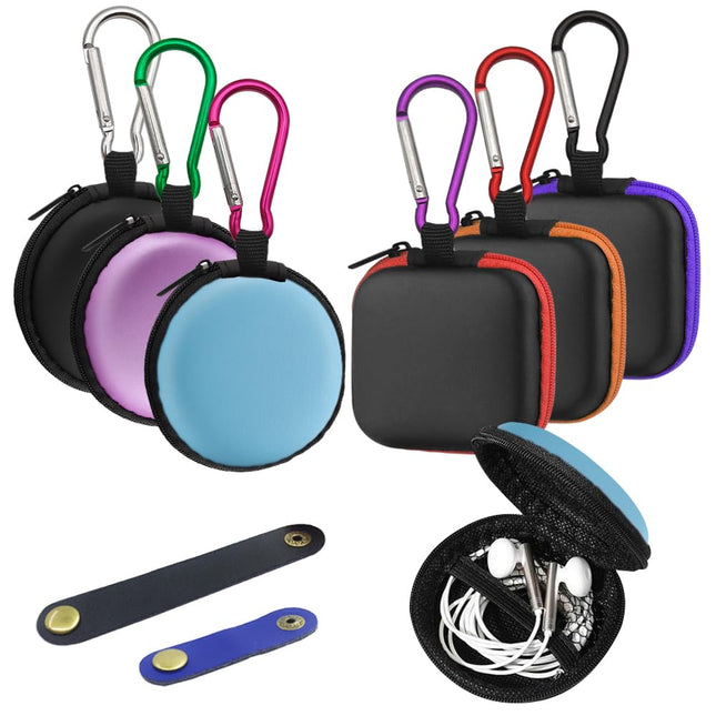 SENHAI Small Square and Round Portable Earplug Storage Box with Carabiners and 2 Headphone Cable Clips for Headphones, Bluetooth, U Disk, SD Cards