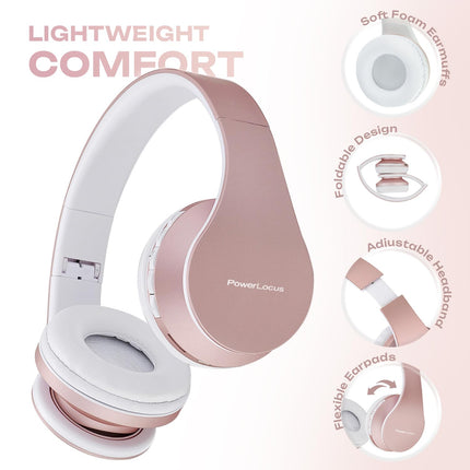 Bluetooth-kõrvaklapid, PowerLocus kõrvapealsed juhtmevabad Bluetooth-kõrvaklapid, kokkupandavad juhtmevabad kõrvapealsed kõrvaklapid, peakomplekt Aux-toega mikrofoniga, käed-vabad-funktsiooniga iPhone'ile, Androidile, arvutile (roosikuldne)