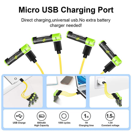 AAA Battery [4 Pack], Rechargeable Micro USB Triple A Lithium Batteries 1.5 V/400 mAh, 1 h Quick Charge Rechargeable Batteries, Not NI-MH/NI-CD/Alkaline Batteries, ECO-Friendly/3000 Cycles