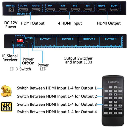 Maatriksi valik, 4 x 4, Matrix 4K, HDMI, 4 sisendit, 4 väljundit, Matrix HDMI 2.0 porti, 4 x 4, toetab 4K @ 60 Hz, 4K Dolby Vision HDR HDCP 2.2, kaugjuhtimispuldi tugi