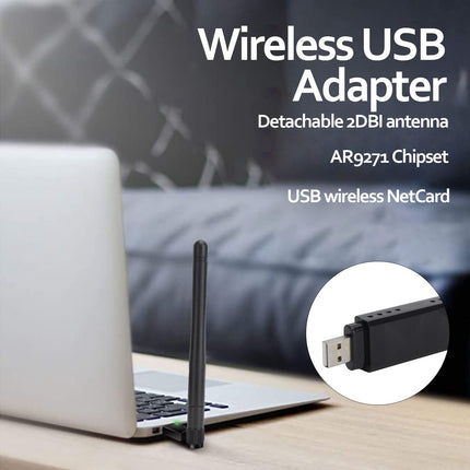 USB WLAN-mälupulga adapter telerile, AR9271 USB WiFi adapter WLAN-lüüs antenniga Etherneti võrguadapter, sülearvutile (7/8/10)