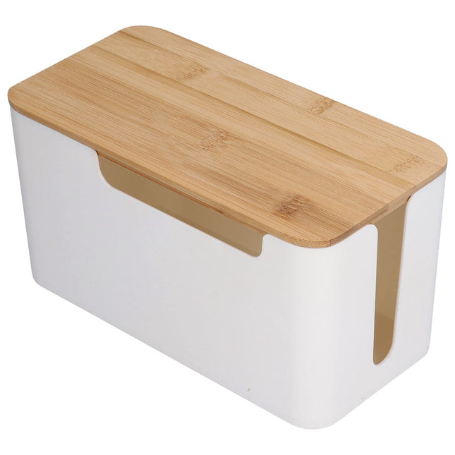 Kaablihalduskarp puidust kaanega, 23 x 12 x 11,7 cm valge plastmassist kaablikarp laua kaablikorraldaja väike kaablikarp teleri arvuti ruuteri kaablite pistikupesade peitmiseks