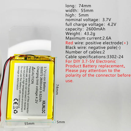 DC 3.7V 2600mah 505573 liitiumioonpolümeeraku vahetus isetehtud 3.7-5v elektroonikaseadmetele, GPS-ile, LED-tuledele, Bluetooth-kõlaritele, tahvelarvutitele