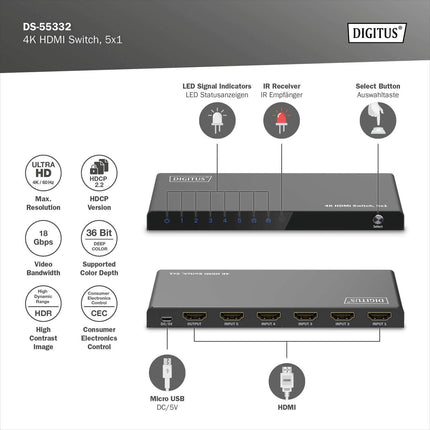 DIGITUS DS-55332 HDMI-lüliti 5x1 - 5 sisendit, 1 väljund - UHD 4K/60 Hz HDTV: 3840 x 2160p - HDCP 2.2 ja HDMI 2.0 - HDR, CEC, Deep Color, DTS, Dolby Digital, LPCM - teleri, monitori, PS5, PS4, Xboxi jaoks