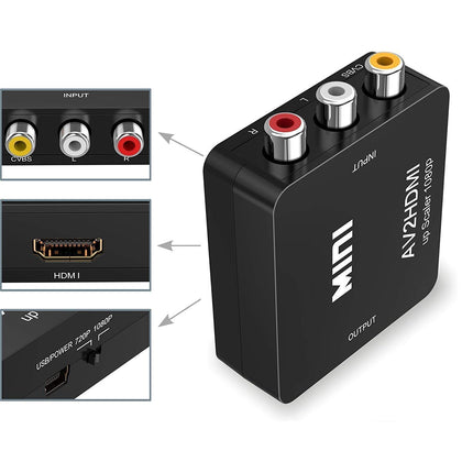 Amtake RCA-HDMI muundur, 1080P RCA komposiit CVBS AV-HDMI video-audio muunduri adapter PS2, Wii, Xbox SNES, N64 VHS VCR, kaamera ja DVD jaoks, toetab PAL/NTSC-d USB-toitekaabliga