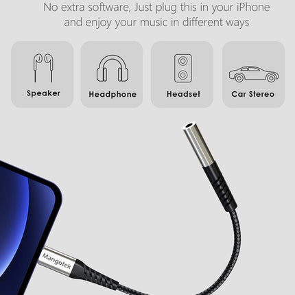 Mangotek iPhone'i kõrvaklappide adapter, läikiv ja punutud Lightning - 3,5 mm kõrvaklappide pesa adapter, audio dongle kõrvaklappide Aux-adapter Apple iPhone 12 Pro Max Mini 11 SE 7 8 Plus X XS XR jaoks