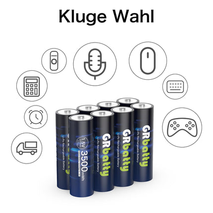 GRbatty Rechargeable Lithium AA Batteries, 8 Pack 1.5V 3500mWh High Capacity Lithium AA Batteries, 2 Hours Fast Charge, 1500 Cycles for Electronic Household Appliances