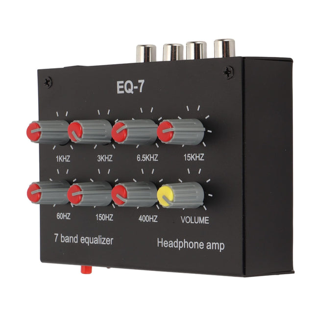 Reguleeritav 7-ribaline ekvalaiser, DC 5-12V 7-ribaline ekvalaiser autovõimendi 3,5 mm liidesega, sagedusvahemikud 60Hz/150Hz/400Hz/1KHz/3KHz/6,5KHz/15KHz (EL-pistik)