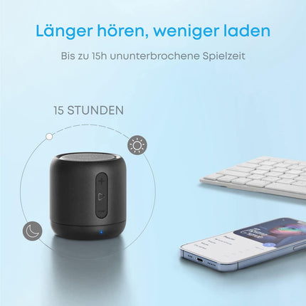 Anker Soundcore mini Bluetooth speaker with 15 hours of playtime, fantastic sound, 20 meter Bluetooth range, FM radio and intense bass (black)
