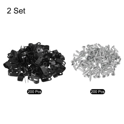 QUARKZMAN R-Type Cable Clip Wire Clamp, 10.4 mm 0.41 inch Nylon Screw Fastening Cable Tie Clips with Screws Black for Cable Management Pack of 200