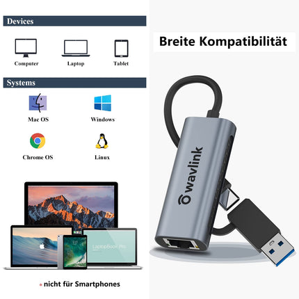 USB 3.0/USB C to 2.5G Ethernet Adapter, WAVLINK USB LAN Adapter with 2500Mbps, Thunderbolt Network Adapter for Mac OS, Windows, Linux, Dell XPS, Surface Pro, etc.