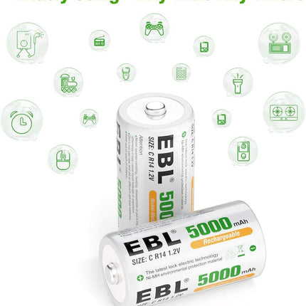 EBL Baby C Battery 5000 mAh - Type NI-MH Rechargeable C Batteries with Storage Box, Type C Battery 6 Pieces