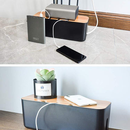 Cable box socket box cable collector storage box for cable management charging cables, ABS plastic with ventilation, wooden texture organizer 36 x 13.5 x 13 cm (Black L)