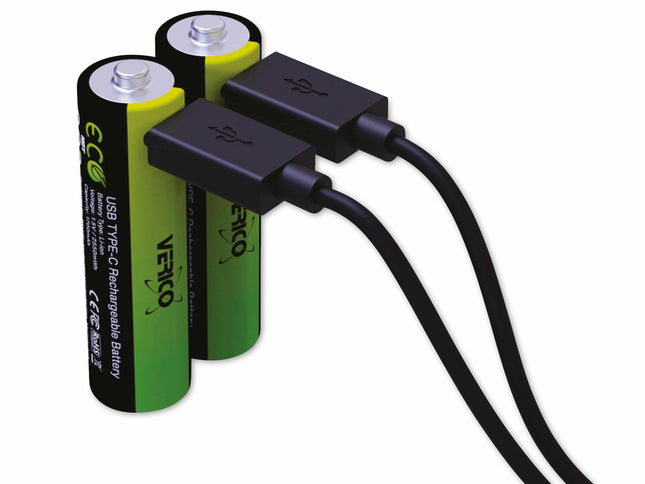 VERICO LoopEnergy AA 2550, Mignon, rechargeable USB-C battery AA 1.5V 2550mWh (1700mAh) Li-Ion battery, fast charging via USB-C connection in approx. 2 hours, 2-pack AA, 1 cable USB-A to 2 x USB-C