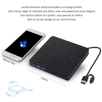Väline DVD-kirjutaja, väline CD/DVD-draiv USB 3.0/C-tüüpi optiline draiv, õhuke CD/DVD-ROM-kirjutaja, kaasaskantav arvuti, sülearvuti, lauaarvuti, MacBook, Mac, Windows 7/8.1/10, Linux OS