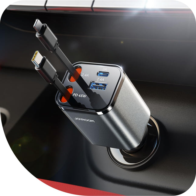 【4-IN-1】 2025 JOYROOM 84W sissetõmmatav sigaretisüütaja USB C, 【PD 45W ja ülikompaktne】 kiirlaadija autolaadija, 12V/24V USB-adapter autosse, autotarvikud iPhone 16/Sumsang S25 jaoks