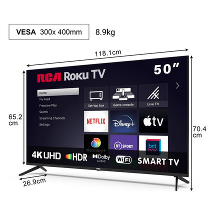 RCA RK50UN1 nutiteler 50-tolline (126 cm) UHD 4K LED-teler Roku teler WiFi-ga, HDR10, HLG, kolmekordne tuuner, HDMI, USB (ainult Saksamaal)