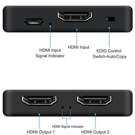 HDMI jaotur 1 sisend 2 väljundit samaaegselt 4K 60Hz, avedio links HDMI jaotur 1 sisend 2 väljundit kahe monitori jaoks【Ainult peegel, mitte pikendatav】Toetab HDMI2.0b, HDCP2.2, automaatset skaleerimist, Full HD 1080P 3D