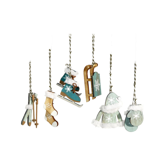 HEITMANN DECO Christmas tree decorations - wooden hanging set - 6-piece - Christmas tree decorations in a fashionable color - petrol - Christmas decoration, 14.2 x 11.5 x 2 cm, green/natural