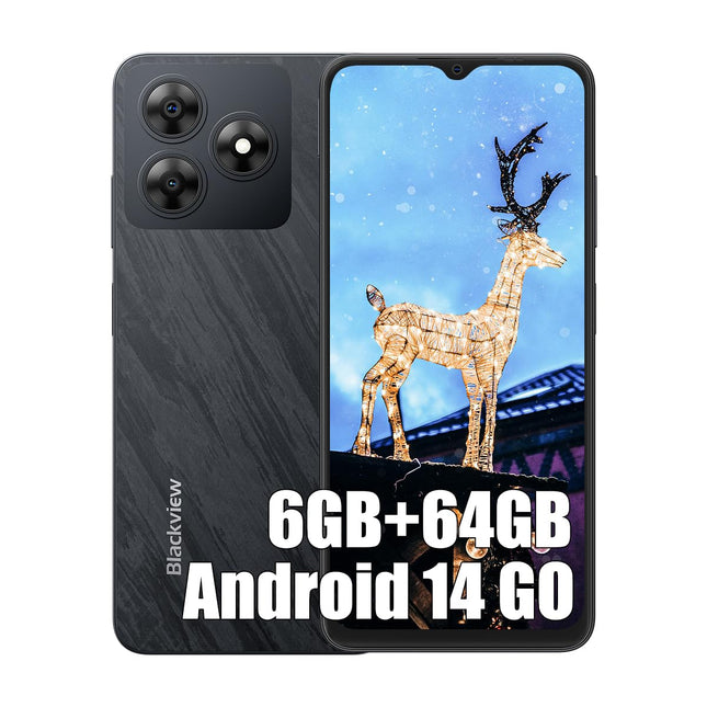Blackview Wave 8C Android 14 mobiiltelefon ilma lepinguta, soodne, kaheksatuumaline 6GB + 64GB + 2TB SD, 6,56" HD+, 4700mAh aku, 13MP + 8MP, 4G LTE kahe SIM-kaardiga nutitelefon, SIM-lukuvaba, 3,5 mm pesa, GPS, ümbrisega, must