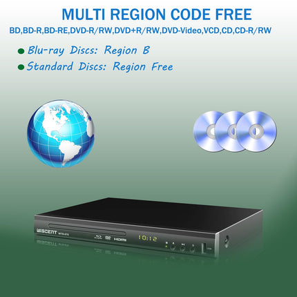 Blu-ray-mängija telerile, WISCENT DVD-mängija koaksiaal-/HDMI-/AV-/väljundiga, USB-sisendiga, kõik DVD-d ja B/2-regiooniga Blu-ray-plaadid, kompaktne Full HD 1080p Blu-ray-mängija