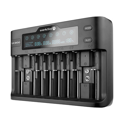 everActive charger for up to 10 Li-ion and NI-MH, Li-HV and Li-FePO4 batteries, professional, fast, and universal, LCD display, capacity test, model: UC800
