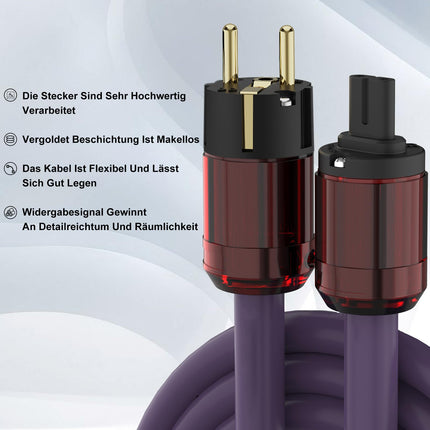 YuanYong Audiophile HiFi toitekaabel, heli toitejuhe, 12AWG 7N OCC, joonis 8, vahelduvvoolu toiteplokk, kullatud 2-kontaktiline pistik/IEC320-C7 pesa, 125V/15A kõlarite, võimendi, subwooferite, kodukino jaoks (1M/3.3Ft)