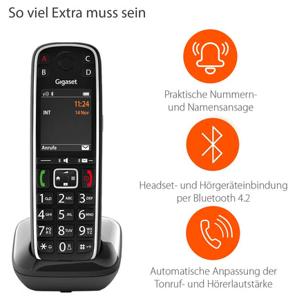 Gigaset E720HX - DECT-telefonitoru laadimisalusega - Juhtmeta seenioride telefon ruuteri ja DECT-aluse jaoks - Bluetooth ja kõnepult koos teadaandega, must [saksakeelne versioon] [ilma aluseta]