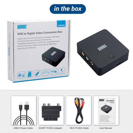 Videoheli haaraja ilma arvuti Plug&amp;Play-ta - August VGB400 - VHS Hi8 kassettkaamerate digitaliseerimise muundur, RCA-kaabliga videomuundur - väljund HDMI kaudu, salvestamine Micro SD/USB-le, max 64 GB