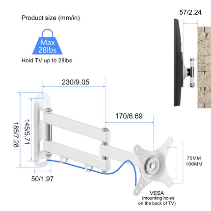 Suptek teleri seinakinnitus, pöörlev telerikinnitus 15-32-tollisele VESA seinakinnitusele 100x100, 75x75mm teleri seinakinnitus, ekraani seinakinnitus kuni 13 kg valge (MA2720W)