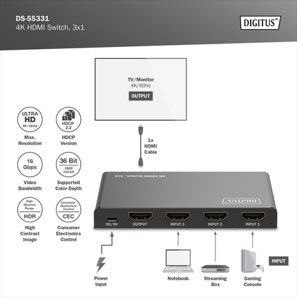 DIGITUS DS-55331 HDMI-lüliti 3x1 – 3 sisendit, 1 väljund – UHD 4K/60 Hz HDTV: 3840 x 2160p – HDCP 2.2 ja HDMI 2.0 – HDR, CEC, Deep Color, DTS, Dolby Digital, LPCM – teleri, monitori, PS5, PS4, Xboxi jaoks