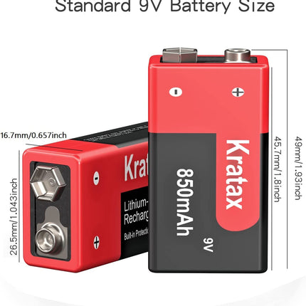 Kratax 9V Block 850 mAh Rechargeable Lithium-ion Batteries. [4 Pack] Suitable for multimeters, alarm systems, walkie-talkies, etc.