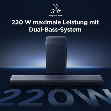 TCL S55HE 2.1-kanaliga Dolby Atmos kõlaririba, maksimaalne võimsus 220 W kahekordse bassisüsteemiga, DTS Virtual X tugi, HDMI eARC ja Bluetooth 5.3, kõlaririba juhtmevaba subwooferiga, kodukino