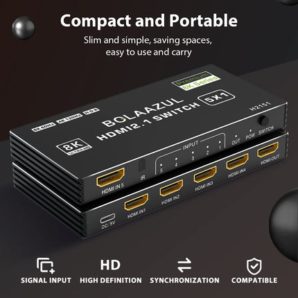 BolAAzuL 8K HDMI 2.1 lüliti 4K 120Hz, HDMI lüliti 5 sisendit 1 väljund 8K@60Hz 4K@120Hz 2K@144Hz, HDMI 2.1 jaotur 5-pordiga IR-puldiga, HDMI 5x1 HDR, 48GBPS, CEC, Dolby Vision Xbox PS5 arvutitele