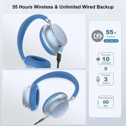 T-fun NC35 hübriidkõrvaklapid aktiivse mürasummutusega, juhtmevabad ruumilise heliga kõrvaklapid, läbipaistvusrežiim, Bluetooth 5.3, ekvalaiser rakenduse kaudu, 55 tundi mänguaega reisimiseks/tööks