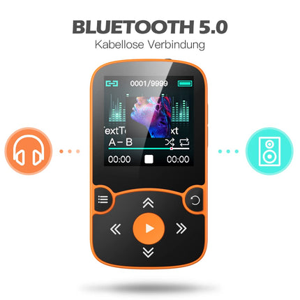 AGPTEK MP3-mängija Bluetooth 5.0 Sport 32GB 1,5-tollise TFT värvilise ekraaniga, mini-muusikamängija klambriga, toetab kuni 128GB TF-kaarti, sõltumatu helitugevuse nupuga, oranž