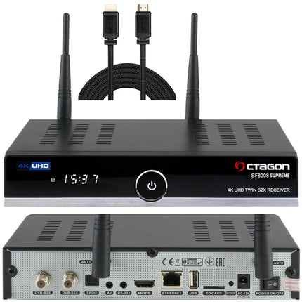 OCTAGON SF8008 UHD 4K Supreme kaksiksatelliidi vastuvõtja + NONIC HDMI kaabel, 2x DVB-S2X tuuner, E2 Linux ja Define operatsioonisüsteem, PVR salvestusfunktsiooniga, M.2 M-võti, gigabiti LAN, satelliit-IP ühendus, kaardilugeja, WiFi WLAN