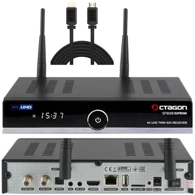 OCTAGON SF8008 UHD 4K Supreme kaksiksatelliidi vastuvõtja + NONIC HDMI kaabel, 2x DVB-S2X tuuner, E2 Linux ja Define operatsioonisüsteem, PVR salvestusfunktsiooniga, M.2 M-võti, gigabiti LAN, satelliit-IP ühendus, kaardilugeja, WiFi WLAN
