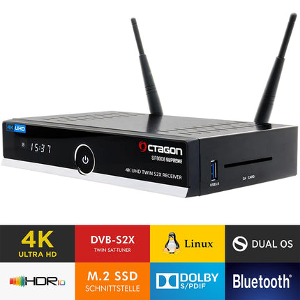 OCTAGON SF8008 UHD 4K Supreme kaksiksatelliidi vastuvõtja + NONIC HDMI kaabel, 2x DVB-S2X tuuner, E2 Linux ja Define operatsioonisüsteem, PVR salvestusfunktsiooniga, M.2 M-võti, gigabiti LAN, satelliit-IP ühendus, kaardilugeja, WiFi WLAN