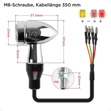 evermotor kroomitud 3-ühes mootorratta suunatuled, 2 tk, E-heakskiiduga E32, CNC protsess, 12V, elektrimootorratta ja tõukeratta jaoks, universaalne mini-LED-kuulvalgustusega alumiiniumkest, merevaigukollane ja punane