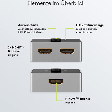goobay 58486 HDMI-lüliti 2 sisendit, 1 väljundit / 4K sagedusel 60Hz (2160p) HDMI-jaotur/HDMI 2.0-lüliti PS4, PS5, sülearvutite või monitoride jaoks, hõbedane/must