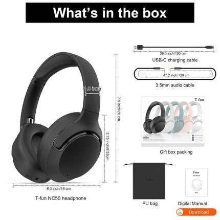 T-fun NC50 juhtmevabad kõrvaklapid hübriidse mürasummutusega, Bluetooth 5.3, mängu-/läbipaistvusrežiim, rakenduse kaudu kohandatav ekvalaiser, 65 tundi aku tööiga, kahe seadme ühendus