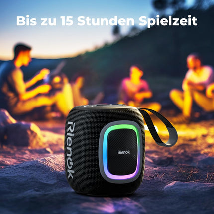 RIENOK Bluetooth Speaker Small with Light FM Radio Bluetooth 5.3 Music Box Wireless Bass Box with 15 Hours Playtime Stereo Portable Waterproof TF Card USB Stick Black