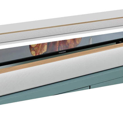 Thomson SB401BT heliriba – 200 W koguvõimsus – Bluetooth 5.0 – Optiline, USB ja AUX sisend – EQ eelhäälestused – Kaugjuhtimispult – LED-allikaindikaator – Seinale kinnitatav – Valge ja puidust disain