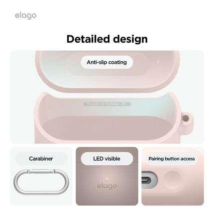 elago Compatible with Samsung Galaxy Buds 3 Case &amp; Galaxy Buds 3 Pro Case, Premium Silicone Case with Carabiner, Full Body Protection, Wireless Charging, Earphone Accessories, for Men, Women (Sand Pink)
